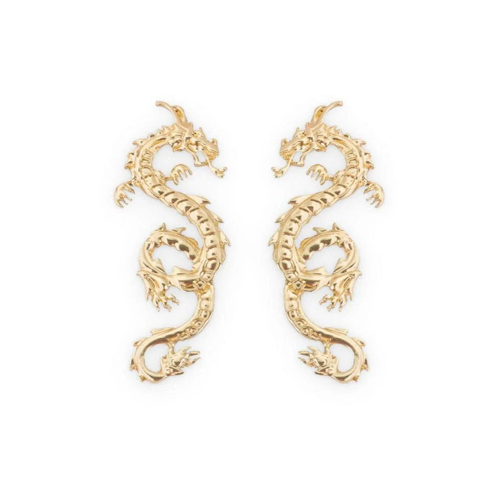 Captivating dragon-shaped stud earrings in gold, a unique New Zealand accessory that adds modern flair to any outfit.