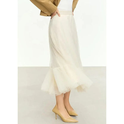 Elegant Fairy Gauze A-Line Skirt in Orange Beige and White, featuring a classic A-line silhouette and ankle-length design