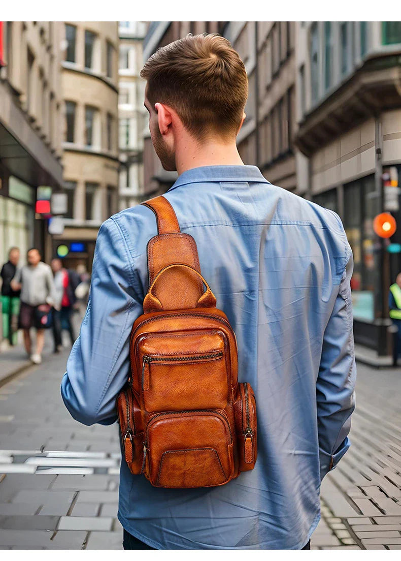 Rugged, premium leather chest bag with polyester cotton lining, designed for the active Kiwi lifestyle