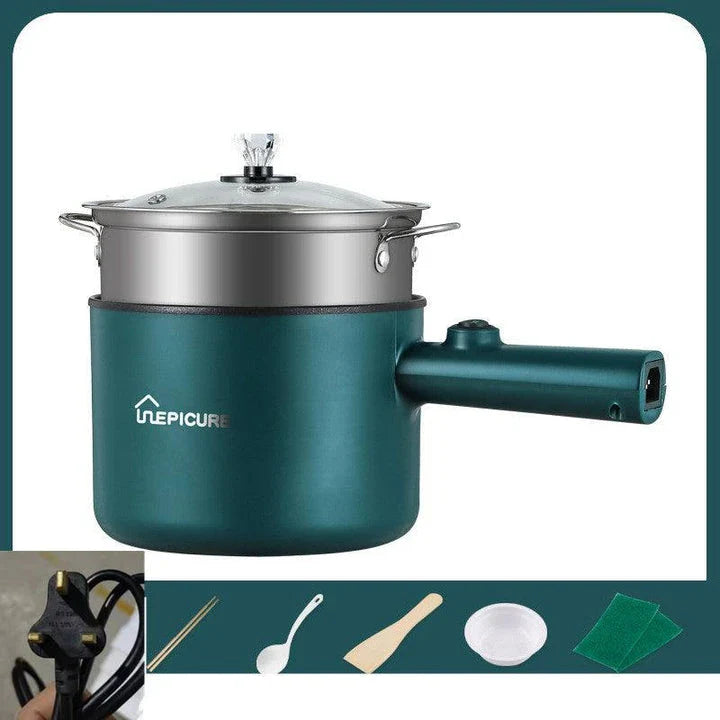 Versatile electric cooker in Emerald Green and Sapphire Blue colours, featuring manual and smart pot models with steaming grids for a range of cooking functions.