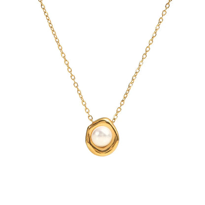 Elegant stainless steel necklace with a unique, irregular pearl pendant in a gold color, featuring a contemporary geometric design