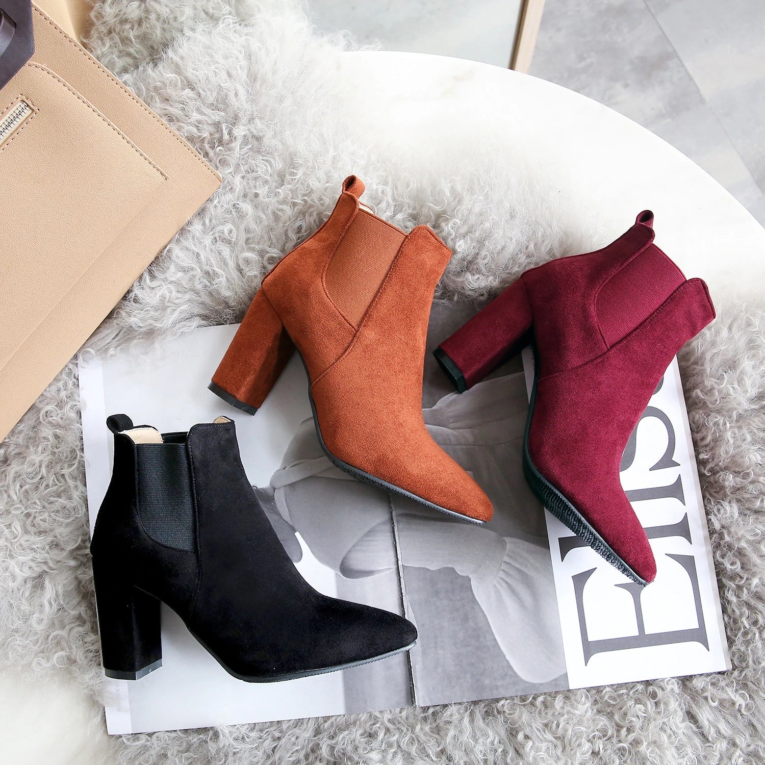 Stylish frosted booties with pointed toe and rubber sole, perfect for everyday wear in New Zealand