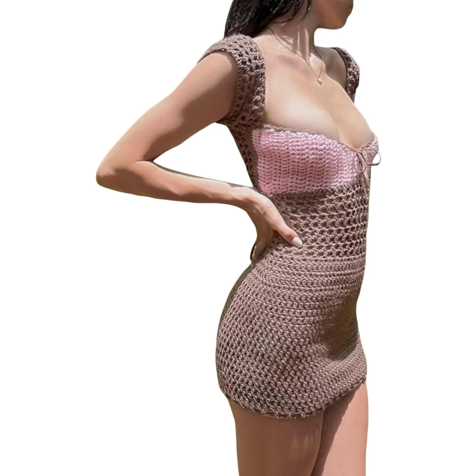 Stylish knitted dress with lace-up detail, available in blue, pink, and brown colors