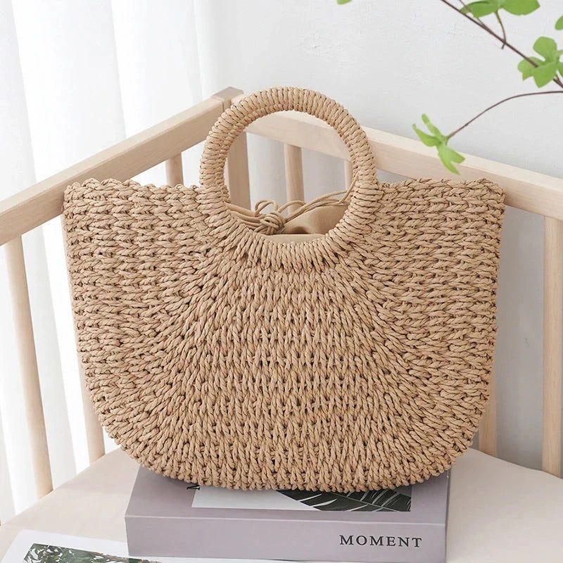 Premium handcrafted bohemian-style straw tote bag in beige color, perfect for Kiwi summer adventures