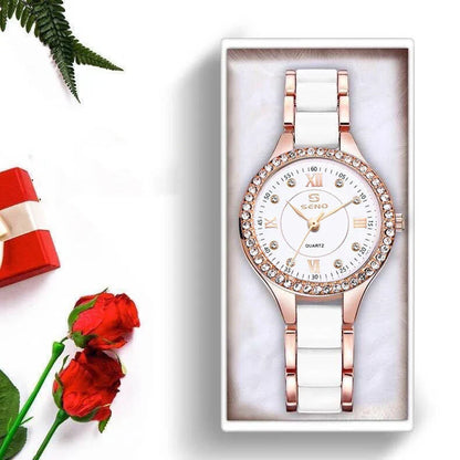 Ceramic Ladies Bracelet Watch in a silver and white color with a durable stainless steel buckle