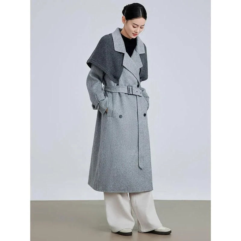 Stylish patchwork woollen blazer with large lapel and belt for a flattering silhouette