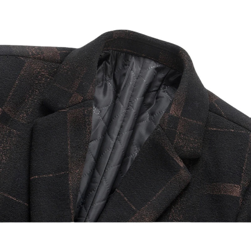 Men's Mid-length Slim Wool Coat in Camel and Gray colors, featuring a tailored silhouette and subtle grid pattern