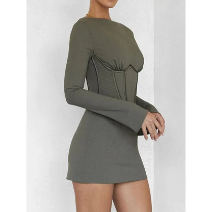 Stylish backless mini dress in green, featuring full sleeves and a flattering fit for the modern Kiwi woman