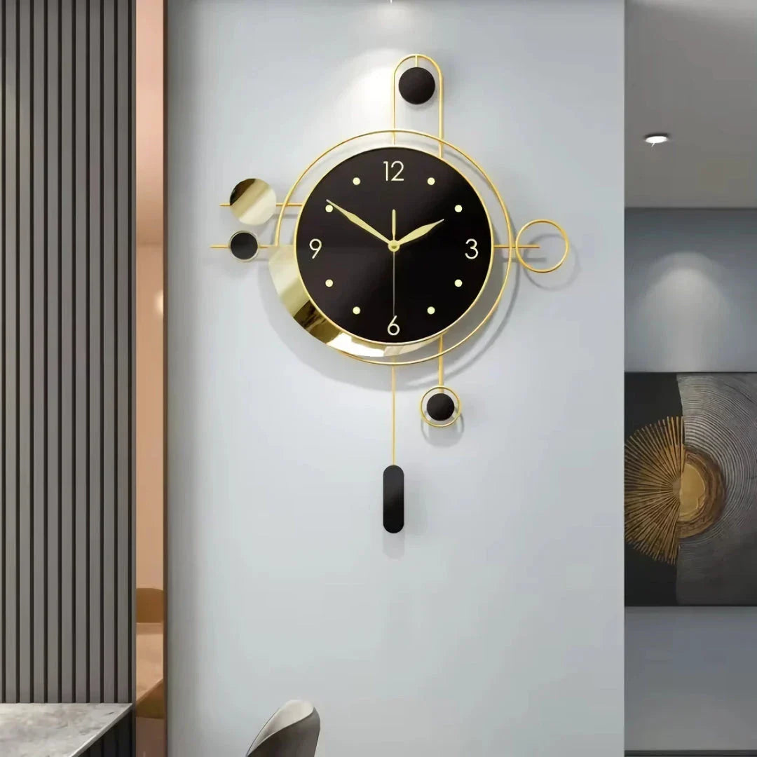 A sophisticated Art Deco wall clock with a gold pendulum and black face, adding a touch of modern elegance to any room.