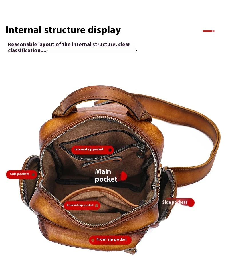 Rugged, premium leather chest bag with polyester cotton lining, designed for the active Kiwi lifestyle