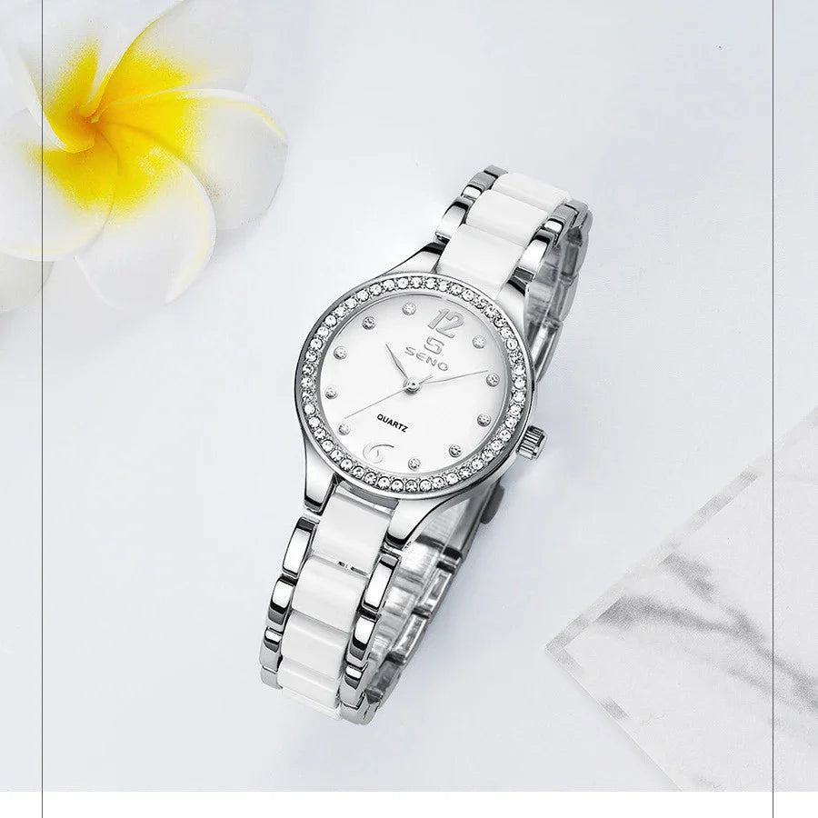 Ceramic Ladies Bracelet Watch in a silver and white color with a durable stainless steel buckle