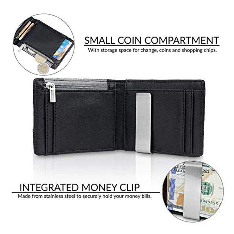 A stylish black leather card holder with a money clip, featuring carbon fibre accents for a sleek, modern look.