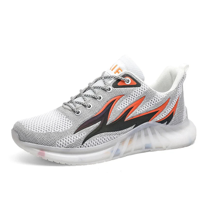 Pair of white sports shoes with reflective flame design, perfect for running, gym workouts, and other active pursuits.