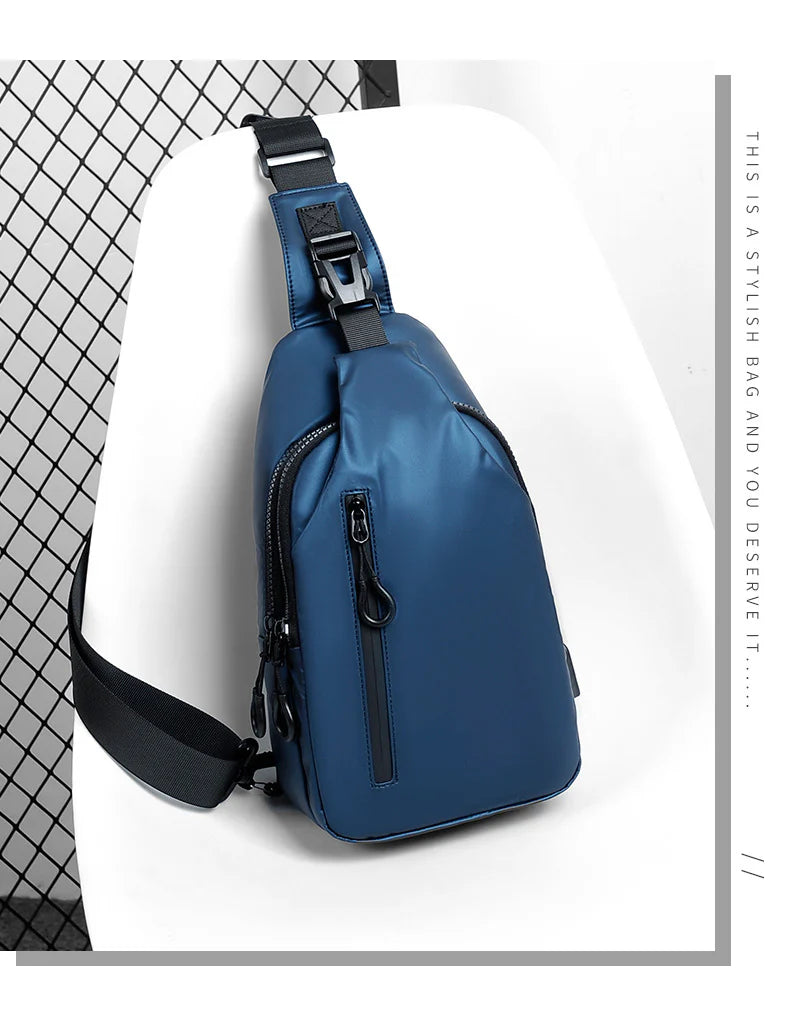 Eco-friendly sling backpack in blue, black, and grey colours with adjustable strap for hands-free wear