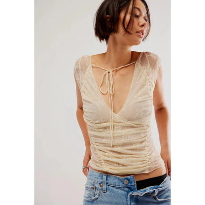 Floral lace cap sleeve backless top in beige, a casual yet chic summer pullover for Kiwi women