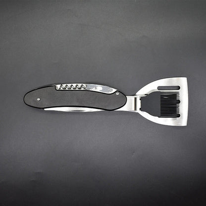 A versatile 5-in-1 stainless steel BBQ grilling tool with various attachments for flipping burgers, searing steaks, and skewering veggies.