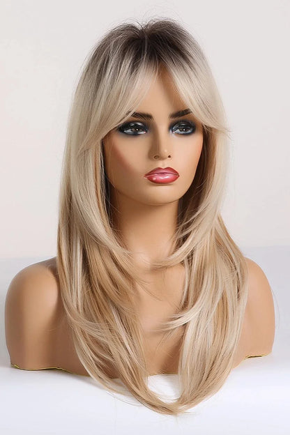 Stylish mid-length wave synthetic wig in cream color with comfortable cap construction and heat-safe synthetic fibres