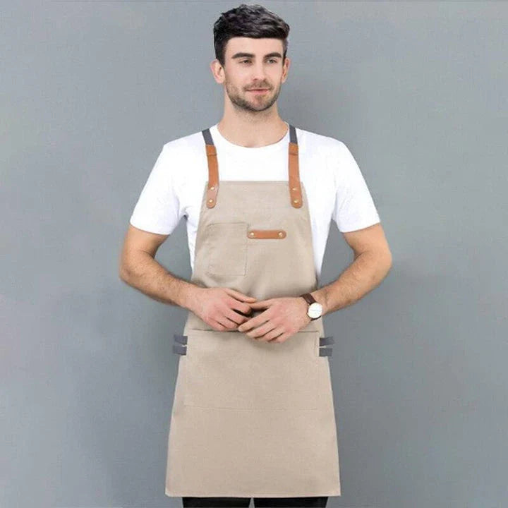 Long denim apron with matching chef's hat, perfect for Kiwi cooks of all levels