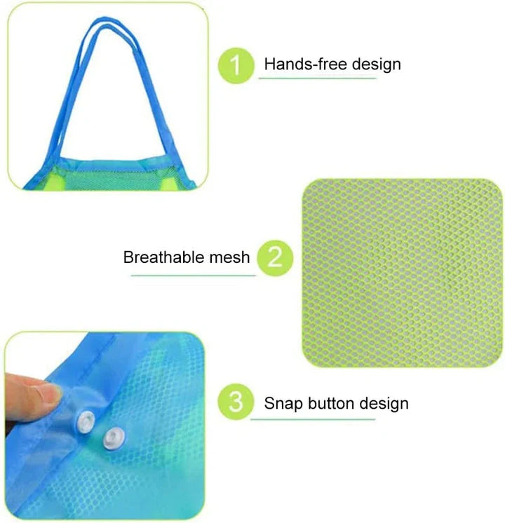 Versatile mesh beach bag in green, featuring a roomy interior, reinforced bottom, and breathable design for outdoor activities