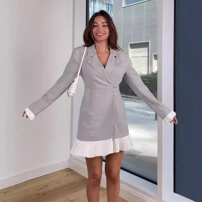 Stylish patchwork ruffled dress jacket made with sustainable viscose fibres, suitable for casual or smart-casual wear in New Zealand