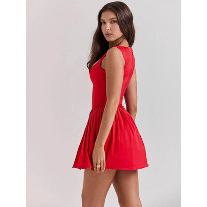 Red sleeveless mini dress with square collar and backless design, perfect for parties and special events.