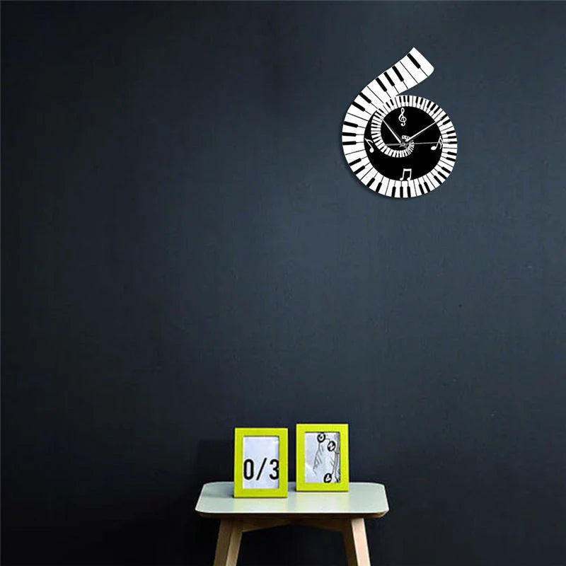 Unique wall clock with irregular shape, treble clef, piano keyboard, and musical notes decorative elements