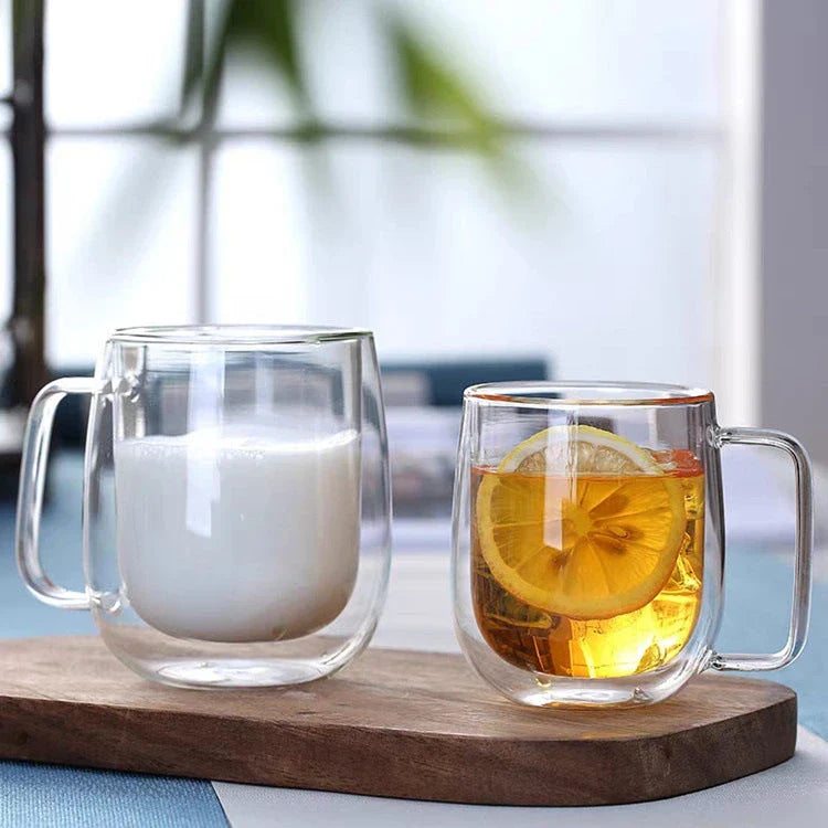 Double-Walled Heat Resistant Borosilicate Glass Mug in Clear and Smoke Grey Colours, Featuring Elegant Design and Generous Capacity