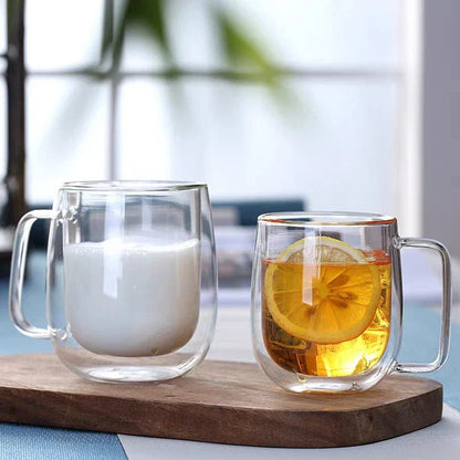 Double-Walled Heat Resistant Borosilicate Glass Mug in Clear and Smoke Grey Colours, Featuring Elegant Design and Generous Capacity