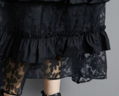 Stylish plus size black dress with lace stitching and long sleeves, perfect for retro-inspired style