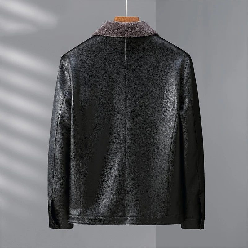Fleece-lined men's leather jacket in black and brown colors with stand collar for warmth and comfort