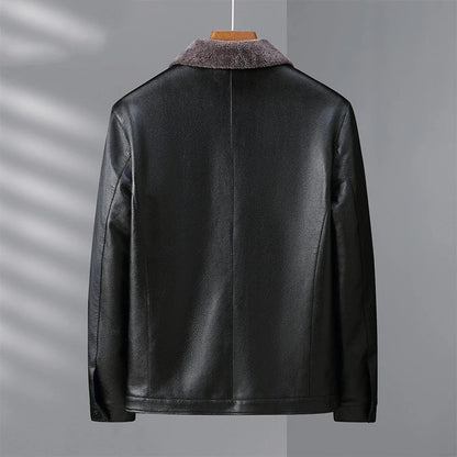 Fleece-lined men's leather jacket in black and brown colors with stand collar for warmth and comfort
