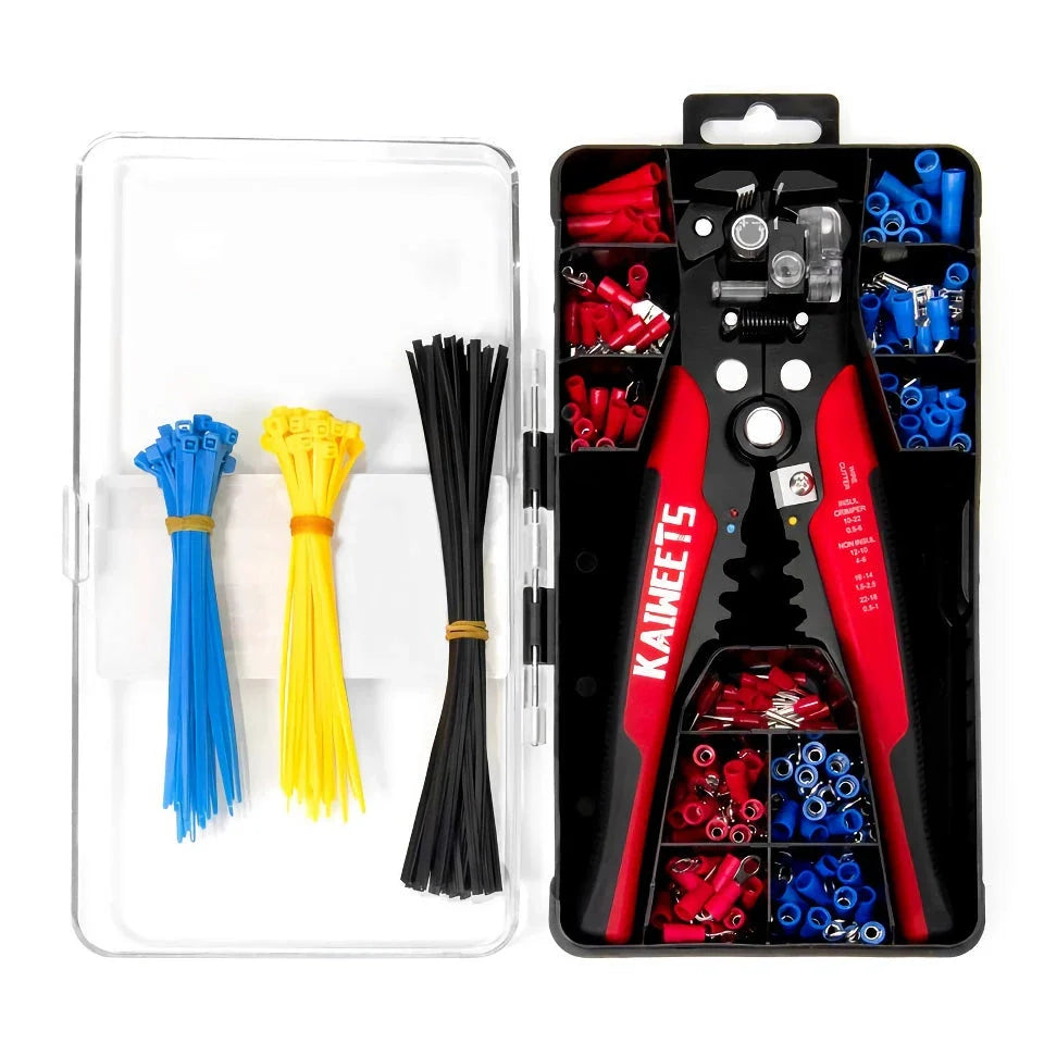 Automatic Wire Stripping and Crimping Tool Set with self-adjusting jaws and micro-adjusting swivel knob for versatile wire handling