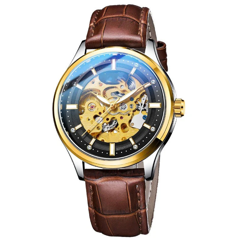 Gold-tone mechanical watch with a white or black leather strap, featuring a sleek and elegant design perfect for the Kiwi lifestyle.