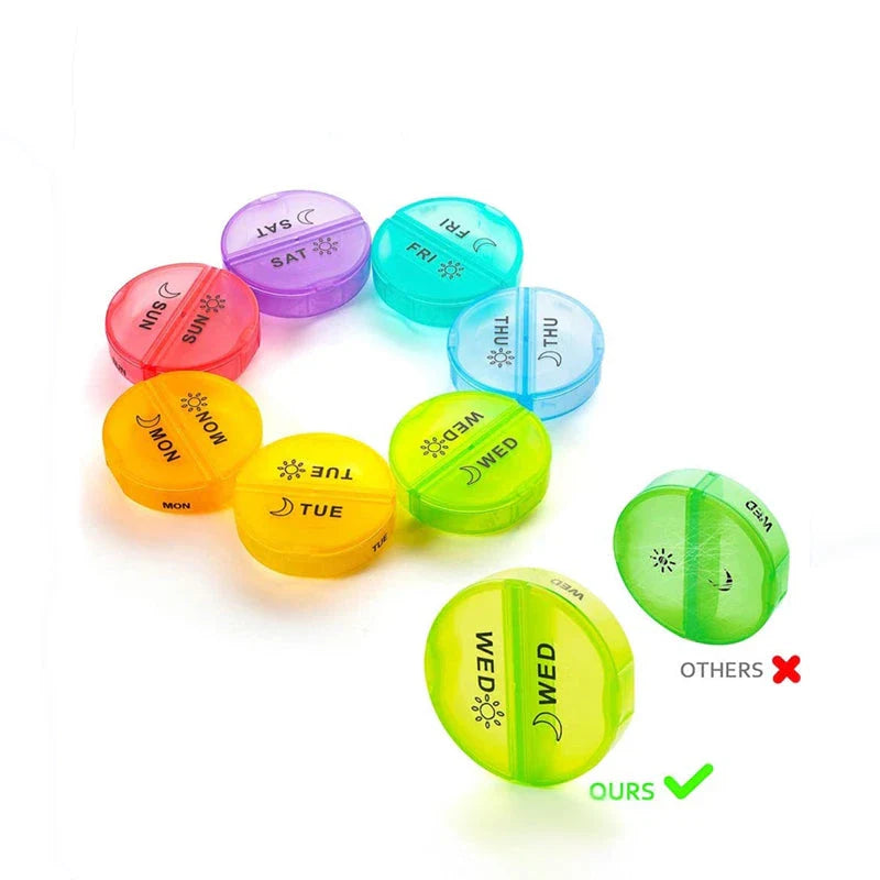 7-Day Pill Box Travel Weekly Medicine Organizer with clear day and night markings, made of durable, BPA-free materials