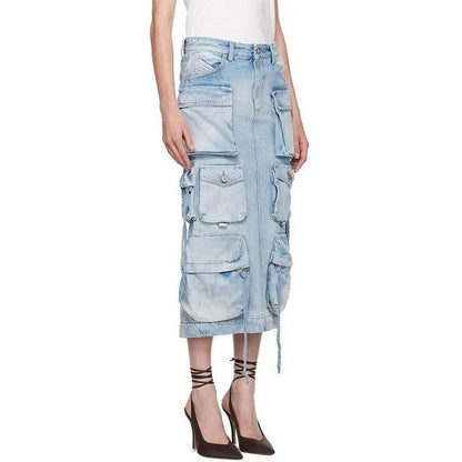 High waist denim skirt with distressed detail and ribbon slit - a versatile Kiwi fashion piece