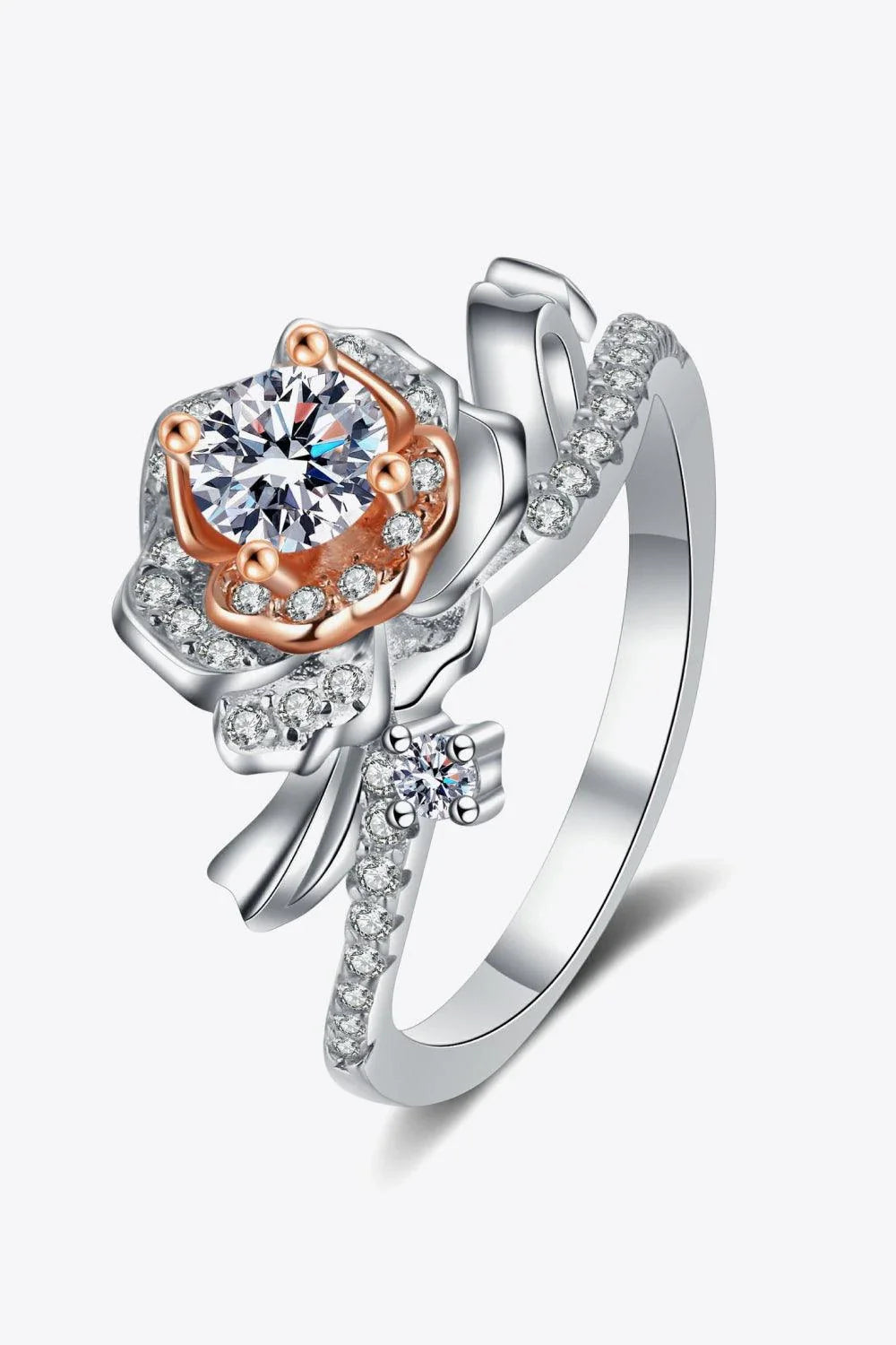 925 Sterling Silver Rose-Shaped Moissanite Ring with Sparkling Moissanite Centre and Rhodium Plating