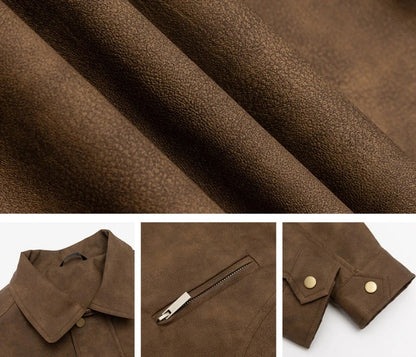 Kiwi-inspired leather jacket with a relaxed, loose fit and classic design elements