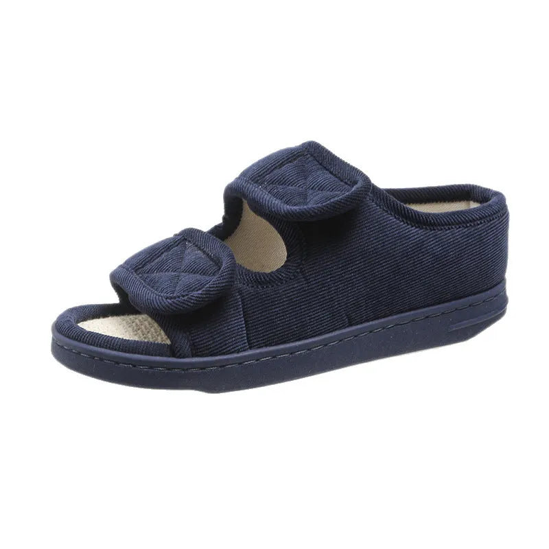 Breathable cloth sandals for elderly with open toe, rubber sole, available in large sizes and solid colours
