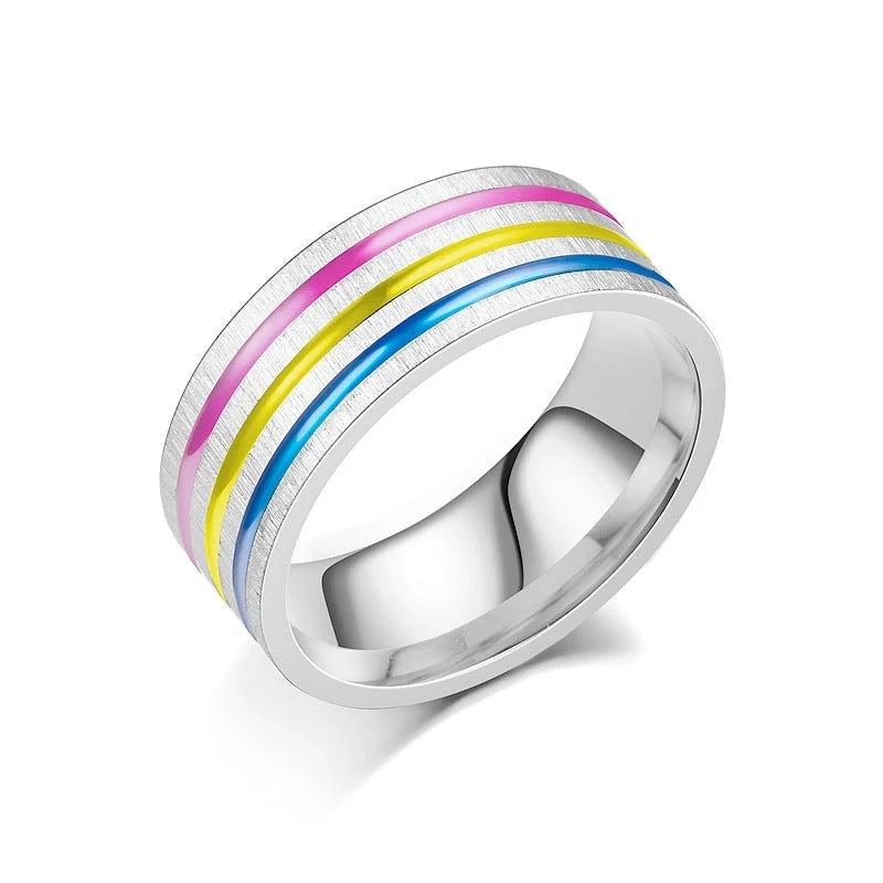 Titanium steel ring with unique rainbow oil drip design, available in silver