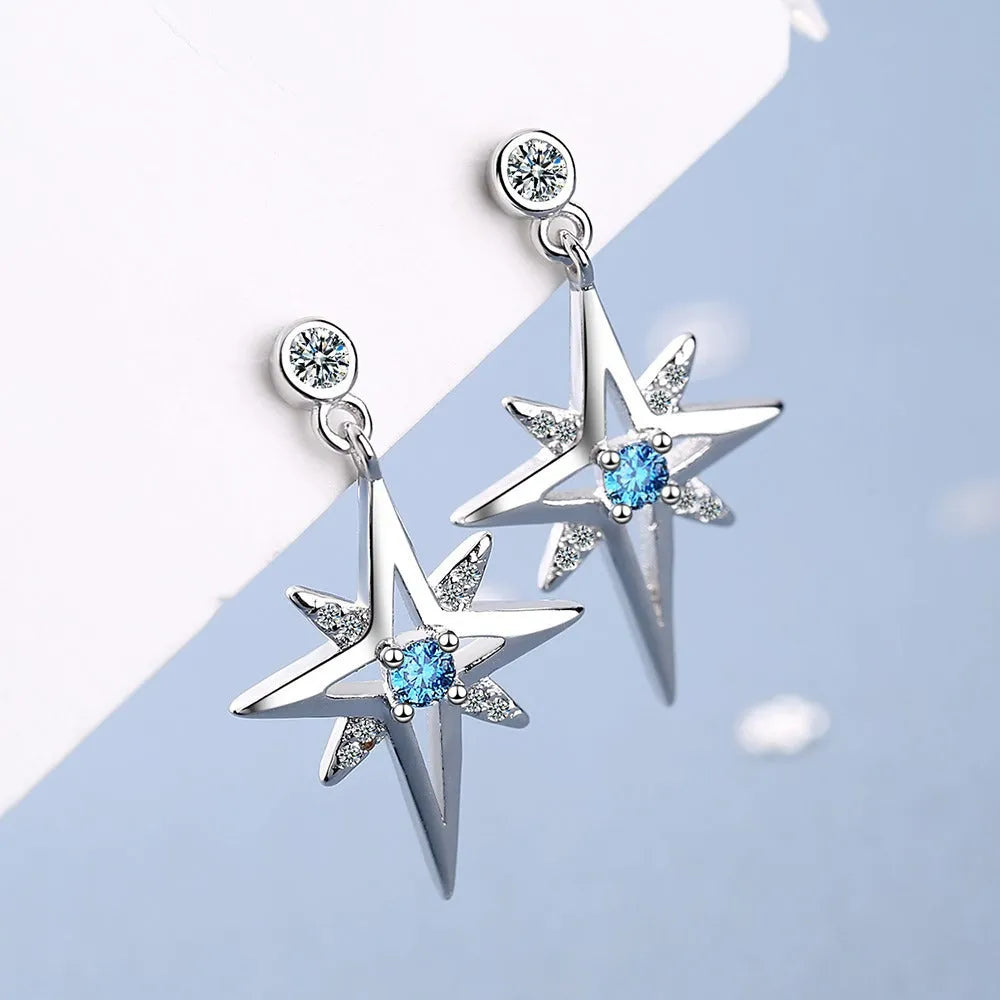 Women's Korean-style hexagonal star ear studs in copper with white gold plating, platinum colour