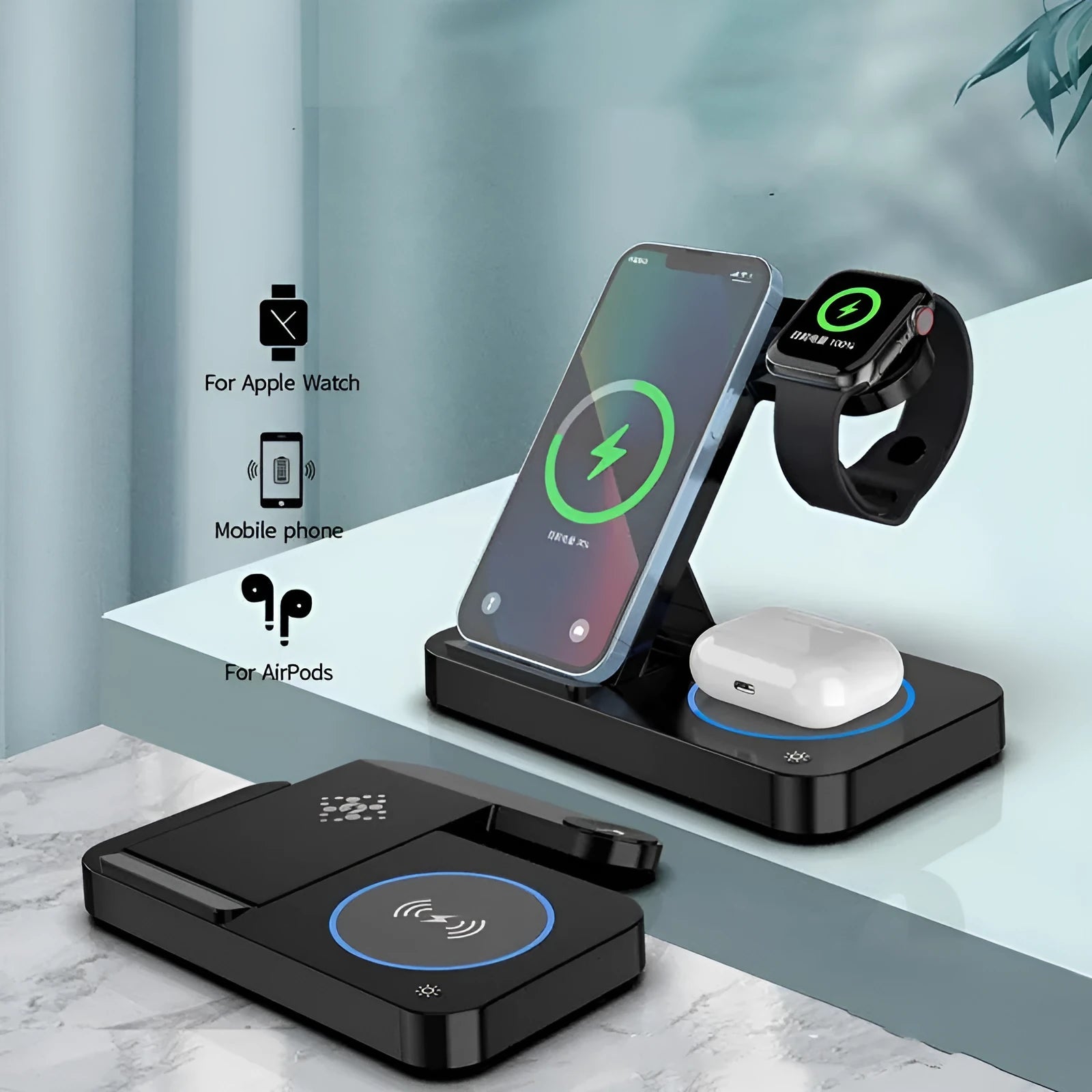 Folding three-in-one wireless charging stand in black, with phone, headphones and watch on charging pads
