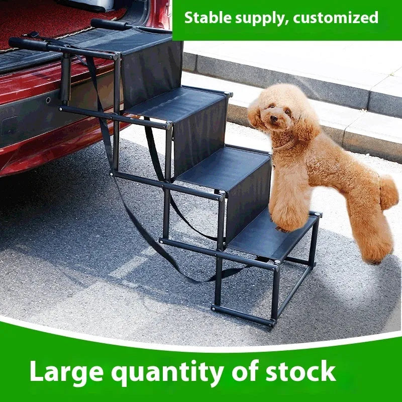Folding stainless steel dog ladder in choice of colours showing four-step design for vehicle access
