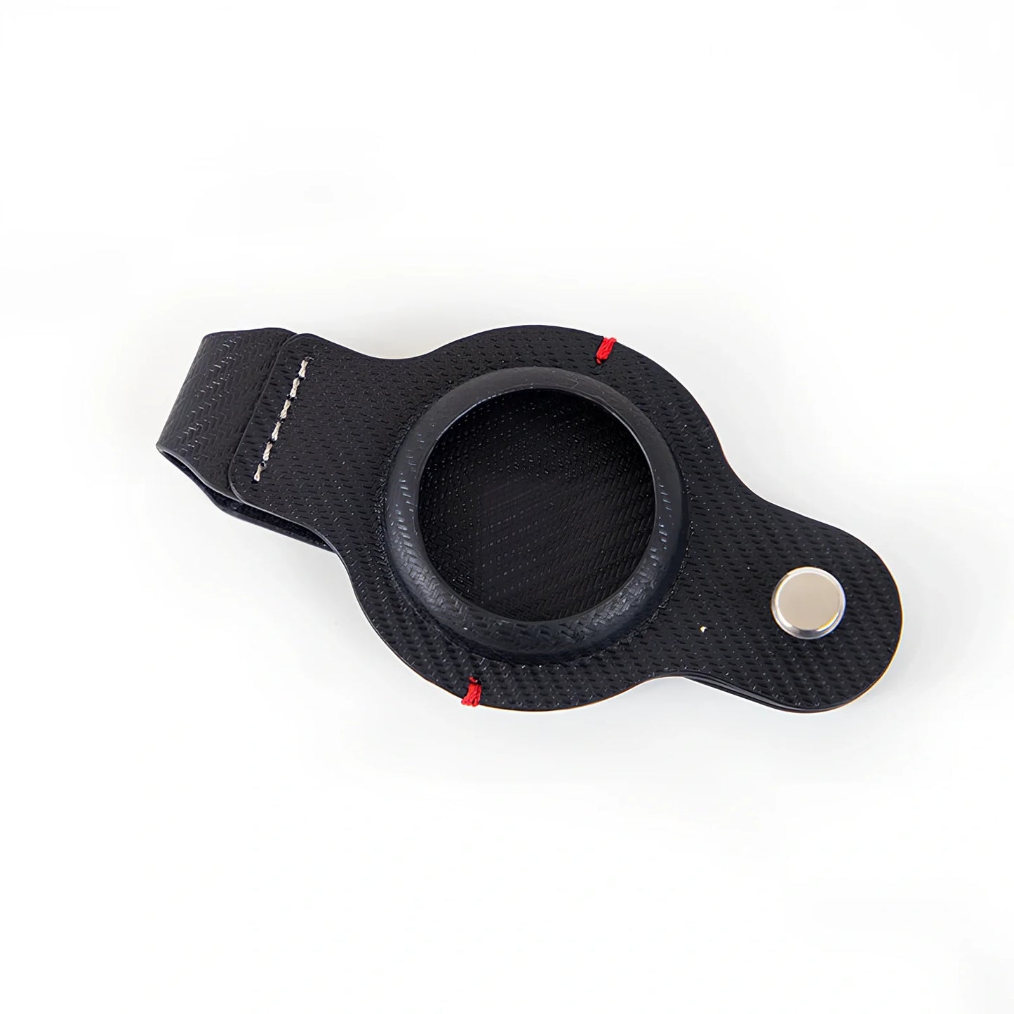 Black PU leather AirTag holder keychain with metal ring, 4cm diameter, secure snap fit for tracking valuables