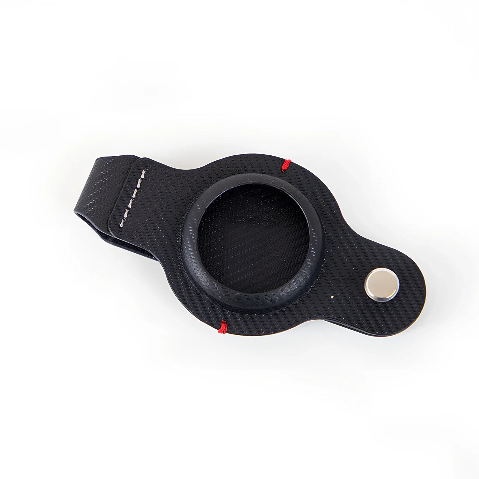 Black PU leather AirTag holder keychain with metal ring, 4cm diameter, secure snap fit for tracking valuables