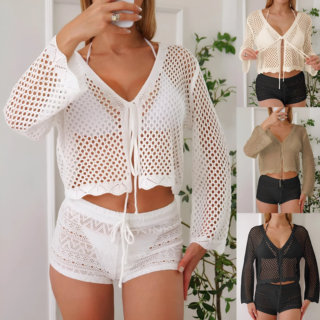 Short apricot-coloured women's cardigan blouse with bell sleeves, showing hollow woven texture.