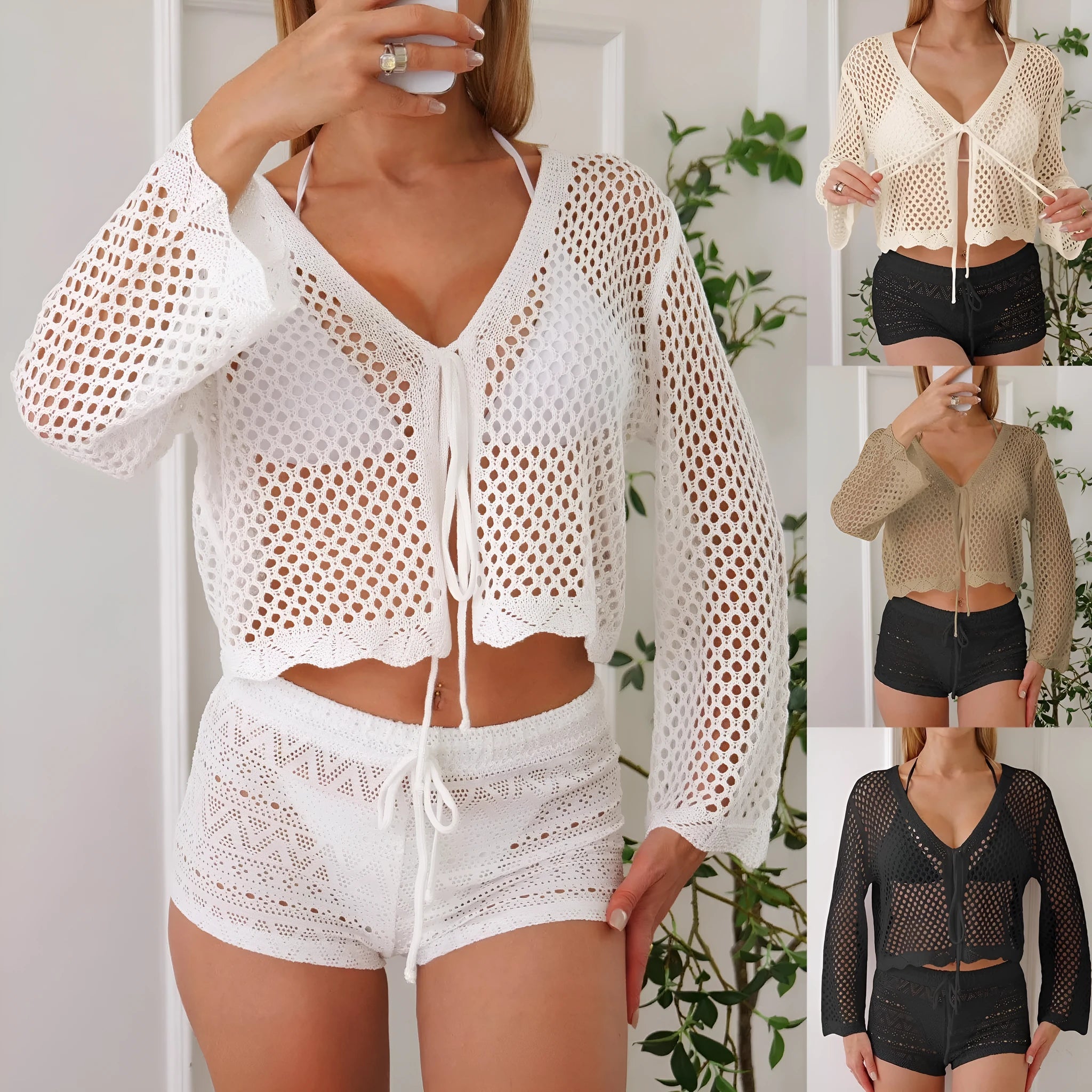 Short apricot-coloured women's cardigan blouse with bell sleeves, showing hollow woven texture.