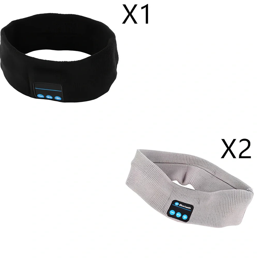Black Bluetooth sports headband with integrated audio controls and 110mAh battery for workouts