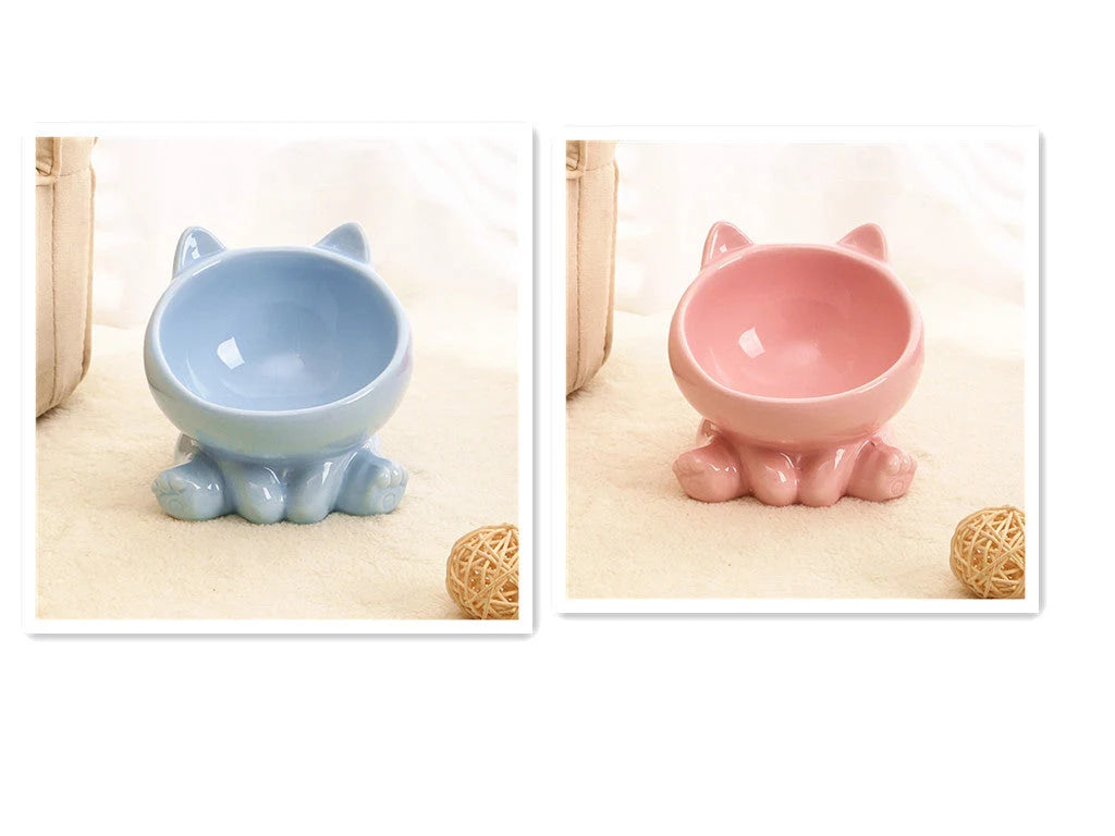 Ceramic pet bowl with neck guard and oblique mouth design in pink and blue