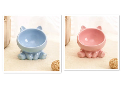 Ceramic pet bowl with neck guard and oblique mouth design in pink and blue