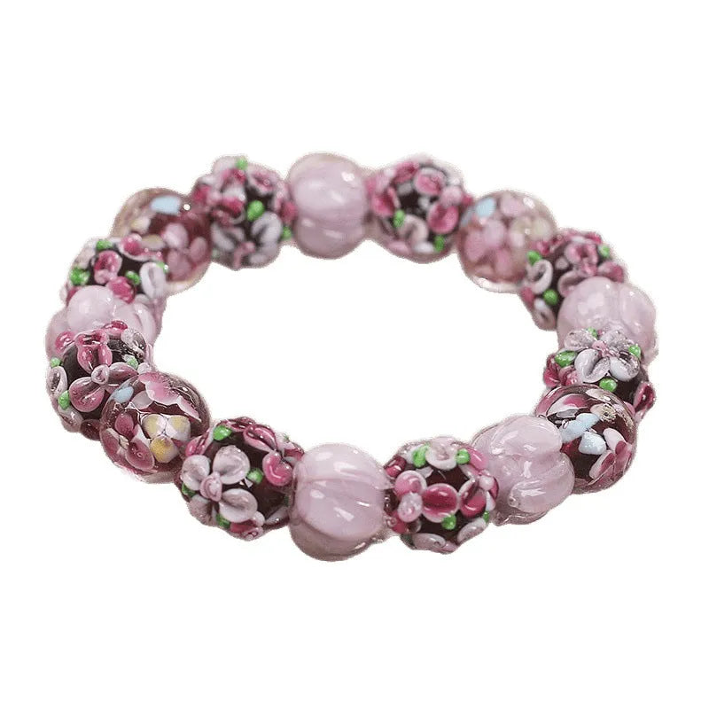 Chinese style purple floral glass bead bracelet for women with electroplated finish